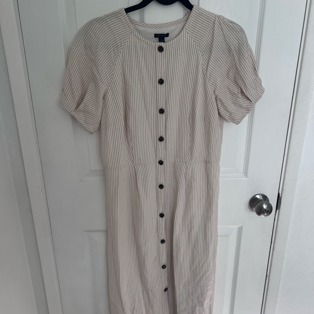 Ann Taylor Cream and Tan Striped Button-Front Midi Dress - Picture 4 of 7